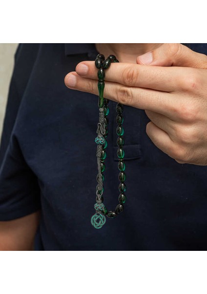 Gümüş Kazaz Püsküllü Yeşil Sıkma Kehribar Tesbih