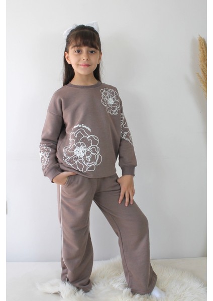 Kahverengi Taş Detaylı Geniş Paçalı Kız Çocuk Eşofman Takımı