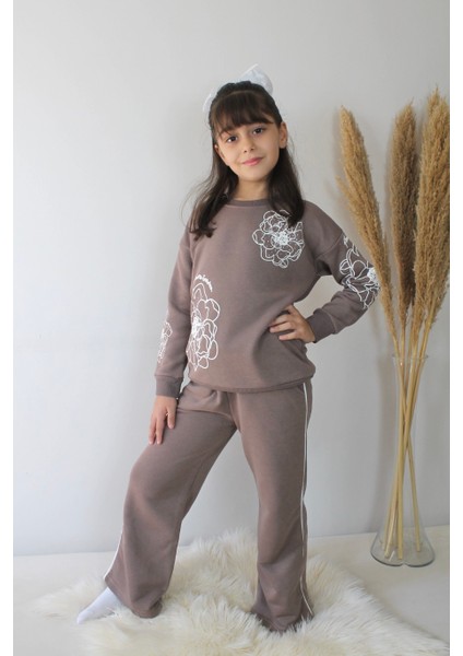Kahverengi Taş Detaylı Geniş Paçalı Kız Çocuk Eşofman Takımı fiyatları