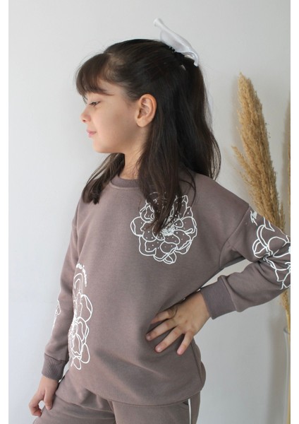 Kahverengi Taş Detaylı Geniş Paçalı Kız Çocuk Eşofman Takımı