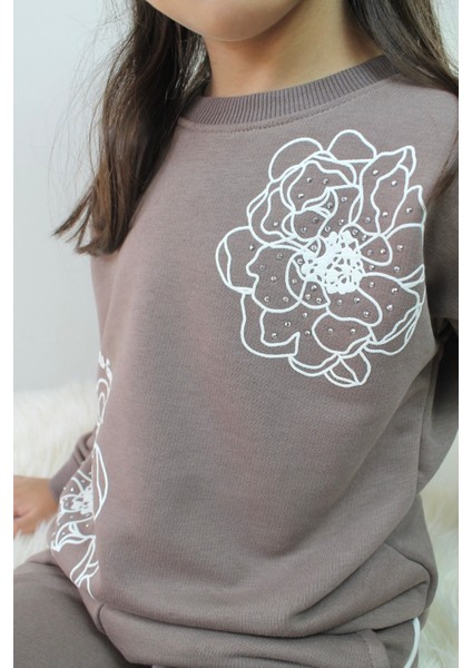 Kahverengi Taş Detaylı Geniş Paçalı Kız Çocuk Eşofman Takımı