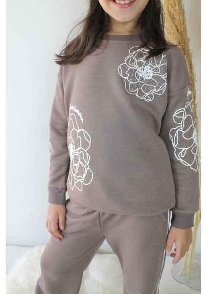 Kahverengi Taş Detaylı Geniş Paçalı Kız Çocuk Eşofman Takımı