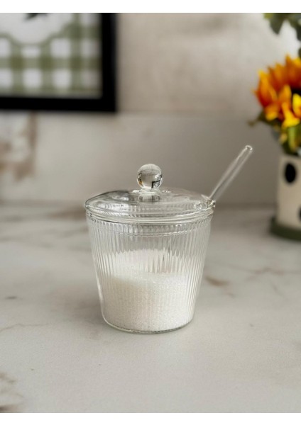 Borosilikat Cam Kaşıklı Cam Kapaklı Çizgili Tuzluk & Şekerlik