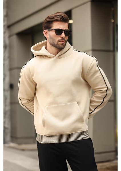Bej Kapüşonlu Kanguru Cep Erkek Sweatshirt E7163