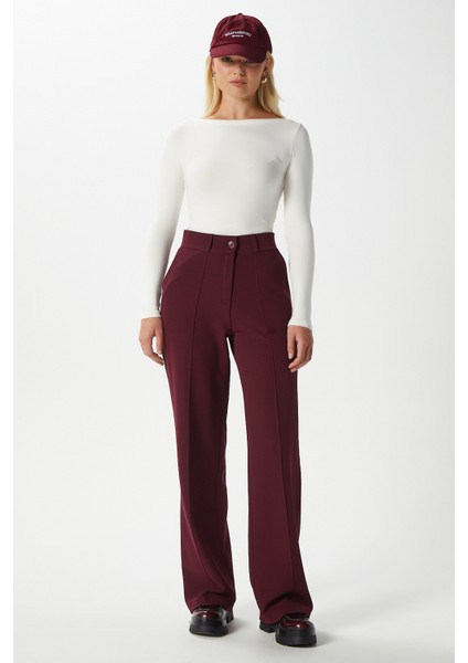 Likra Serisi Lift Süs Dikişli Esnek Bordo Palazzo Pantolon indirimleri