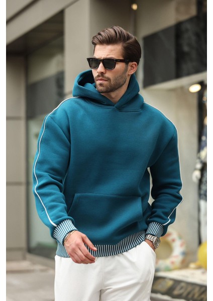Petrol Mavisi Kapüşonlu Kanguru Cep Erkek Sweatshirt E7163