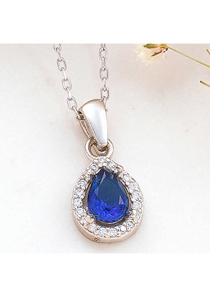 925 Ayar Gümüş Mavi Damla Zirkon Taşlı Kadın Kolye (BC-AA0B59)