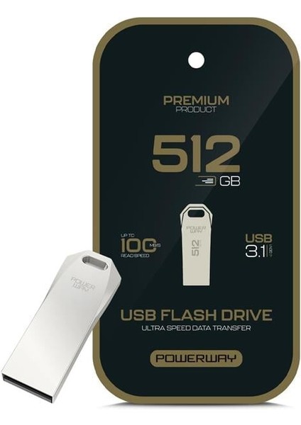 Powerway Premium 512 GB 100MB/S Ultra Hızlı USB 3.1 Metal Silver Flash Bellek