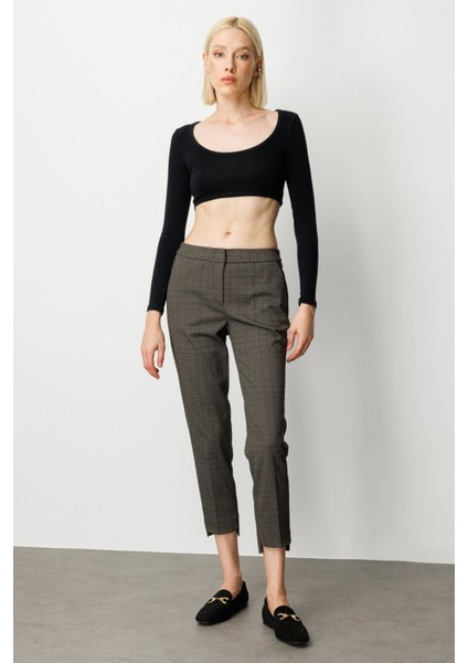 Kadın Desenli Dar Paça Pantolon 1067 Kahverengi