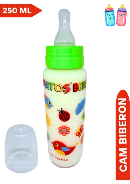 Yeşil Desenli Cam Biberon 250 Ml, Sağlıklı ve Güvenli Bebek Beslenmesi
