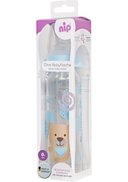 250 ml Güvenli Cam Biberon, 0-6 Ay, Mavi, Antikolik Özellikli
