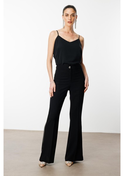 Moda Ilgi Kadın Yanı Şerit Taş Aksesuarlı Pantolon 0077 Siyah