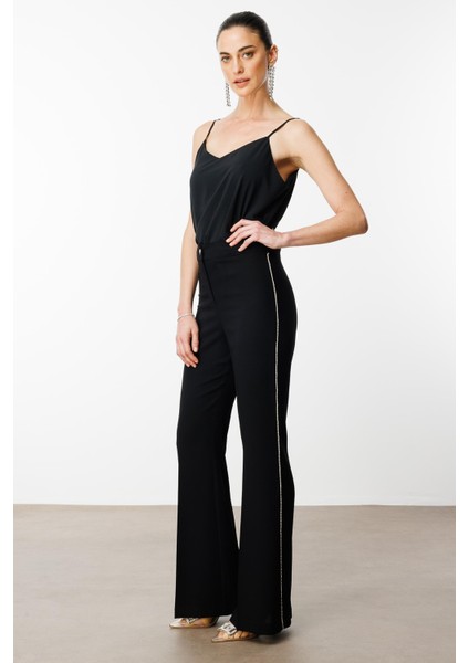 Moda Ilgi Kadın Yanı Şerit Taş Aksesuarlı Pantolon 0077 Siyah modelleri