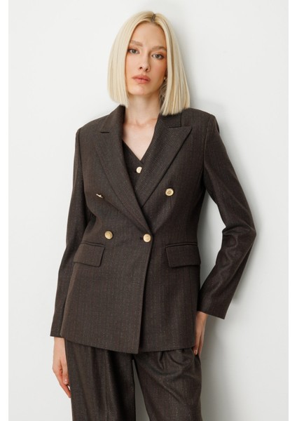 Kadın Kruvaze Yaka Çizgi Desenli Ceket 5107 Kahverengi