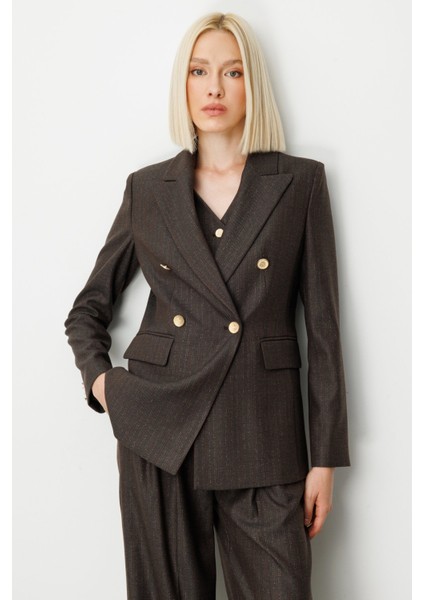 Kadın Kruvaze Yaka Çizgi Desenli Ceket 5107 Kahverengi fiyatları