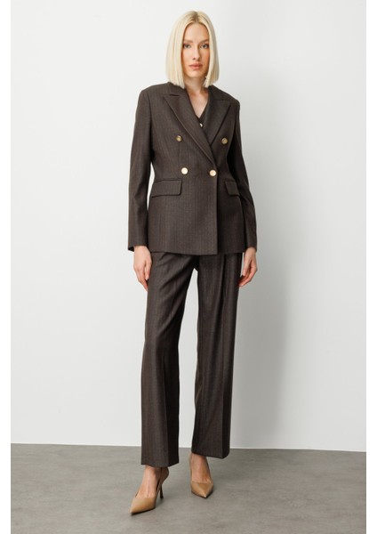 Kadın Kruvaze Yaka Çizgi Desenli Ceket 5107 Kahverengi modelleri