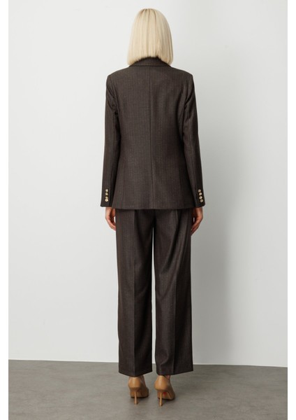 Kadın Kruvaze Yaka Çizgi Desenli Ceket 5107 Kahverengi fırsatları