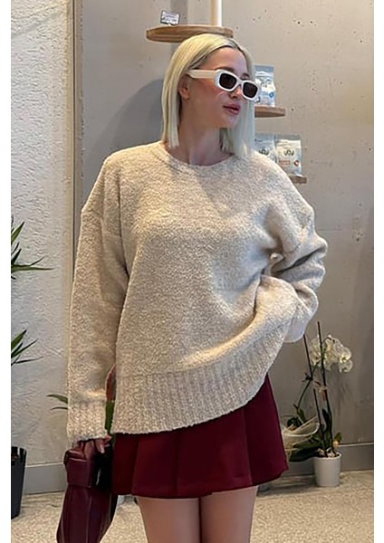 Bej Bisiklet Yaka Kadın Buklet Kazak MG2480