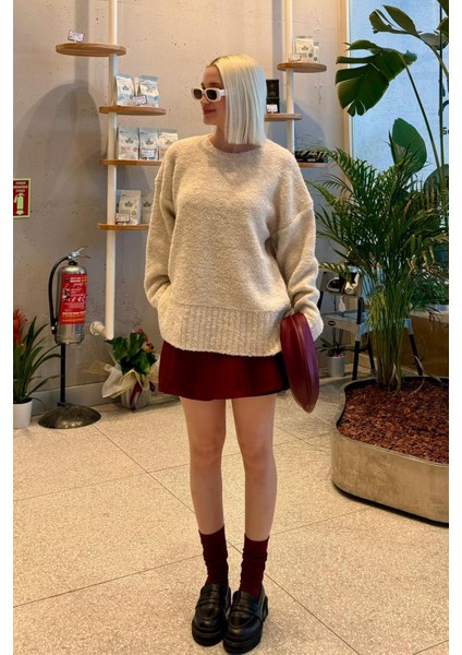 Bej Bisiklet Yaka Kadın Buklet Kazak MG2480 modelleri