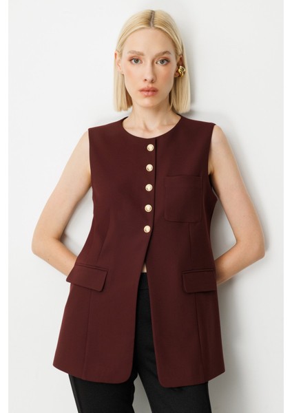 Kadın Önü Düğmeli Kapak Cepli Yelek 5007 Bordo