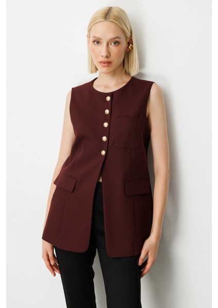 Kadın Önü Düğmeli Kapak Cepli Yelek 5007 Bordo fiyatları