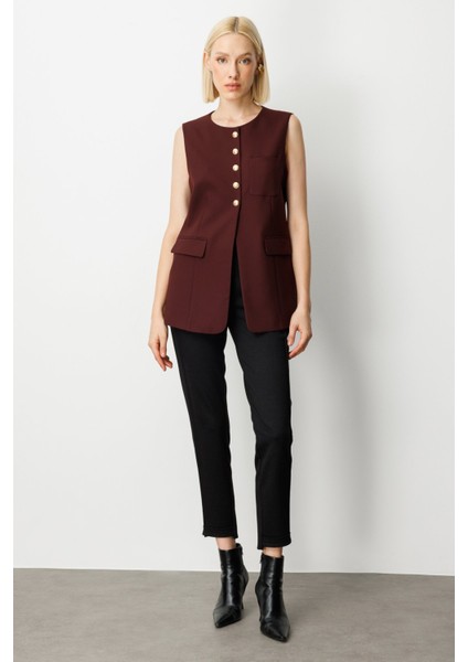 Kadın Önü Düğmeli Kapak Cepli Yelek 5007 Bordo modelleri