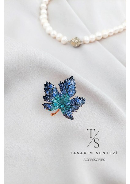 Broş Metal Rozet Yaprak Taşlı Mavi Yaka Kıyafet Şapka Takı Aksesuar Hediye