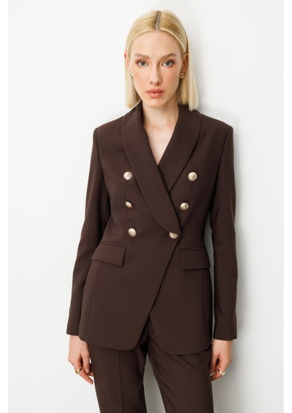 Kadın Kruvaze Yaka Kapak Cepli Ceket 5013 Kahverengi