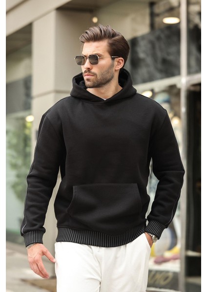 Siyah Kapüşonlu Kanguru Cep Erkek Sweatshirt E7163