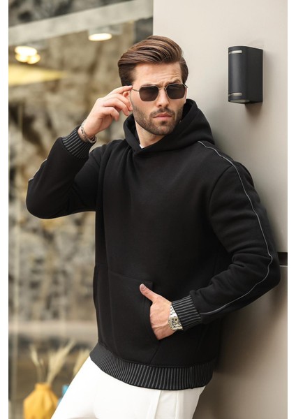 Siyah Kapüşonlu Kanguru Cep Erkek Sweatshirt E7163 fiyatları