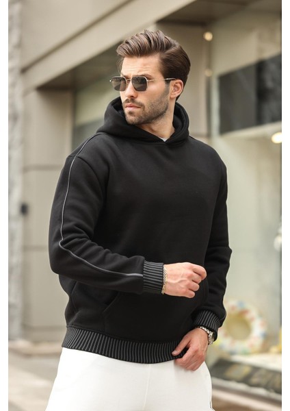 Siyah Kapüşonlu Kanguru Cep Erkek Sweatshirt E7163 modelleri