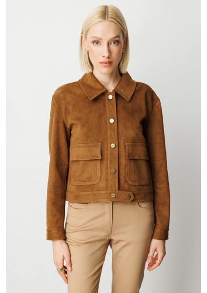 Kadın Kapak Cepli Güderi Mont 8017 Taba