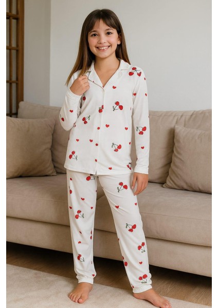 Kız Çocuk 015291 Yakalı Düğmeli Süet Pijama Takımı Beyaz