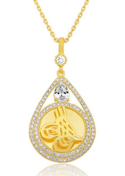 925 Ayar Gümüş Gold Kaplama Damla Tuğralı Kadın Kolye (BC-0BA9BC)