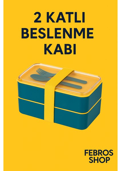 2 Katlı Dikdörtgen Okul Ofis Piknik Beslenme Kabı Çatal Kaşık Servisli Yemek Saklama Kutusu Lacivert