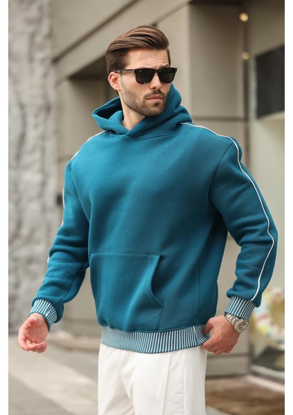 Petrol Mavisi Kapüşonlu Kanguru Cep Erkek Sweatshirt E7163 modelleri