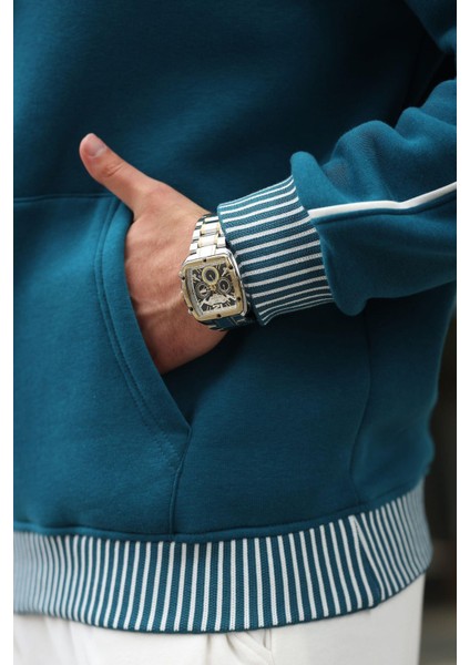 Petrol Mavisi Kapüşonlu Kanguru Cep Erkek Sweatshirt E7163 fırsatları