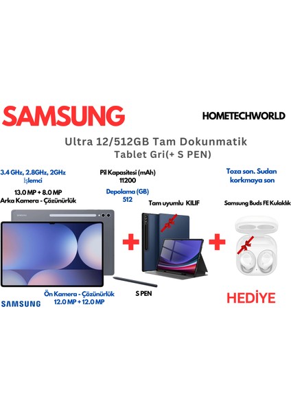 Galaxy Ultra 12/512GB Tam Dokunmatik Tablet Gri +SPEN+TAM UYUMLU KILIF+Galaxy Buds FE