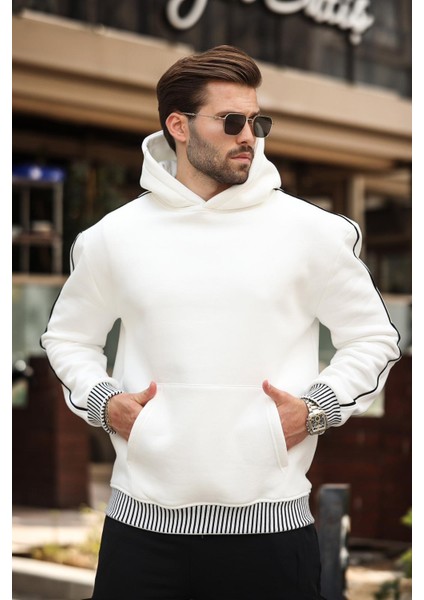 Ekru Kapüşonlu Kanguru Cep Erkek Sweatshirt E7163