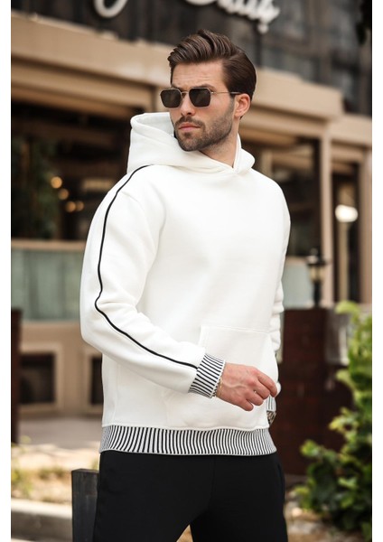 Ekru Kapüşonlu Kanguru Cep Erkek Sweatshirt E7163 modelleri