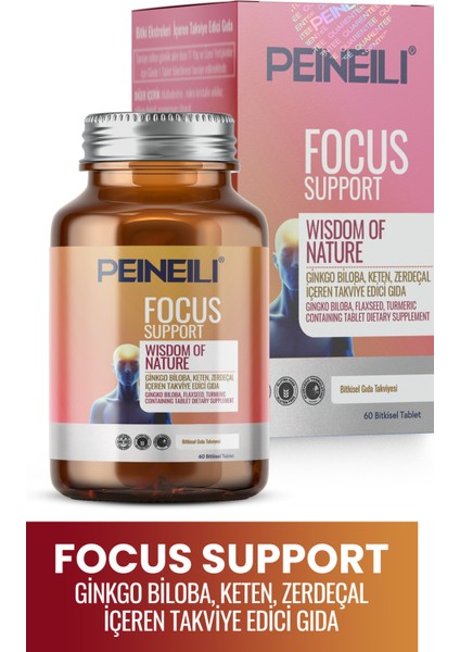 Focus Support Ginko Biloba Keten Zerdeçal Içeren Gıda Takviyesi 60 Bitkisel Tablet