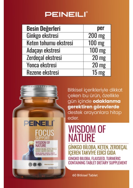 Focus Support Ginko Biloba Keten Zerdeçal Içeren Gıda Takviyesi 60 Bitkisel Tablet modelleri