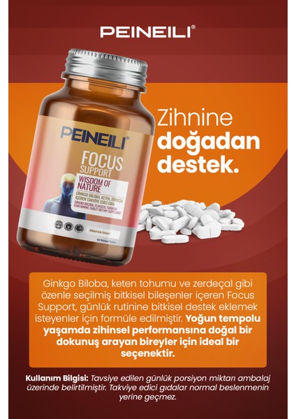 Focus Support Ginko Biloba Keten Zerdeçal Içeren Gıda Takviyesi 60 Bitkisel Tablet