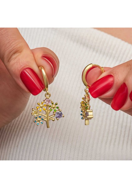 Gümüş Gold Renkli Taşlı Hayat Ağacı Kadın Küpe (BC-F7BBFB)