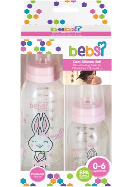 Pembe Cam Biberon Seti 250ML ve 125ML, 2'li Paket modelleri