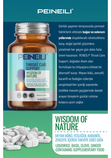 Thoroat Care Support Meyan Kökü Fesleğen Karanfil Zencefil Içeren Gıda Takviyesi 60 Bitkisel Tablet