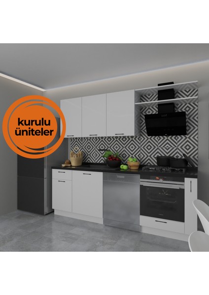 Tiana Server-B 240 cm Mutfak Dolabı Takımı Parlak Beyaz MDF Lam