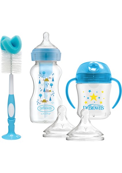 Geniş Ağız Antikolik Pp Biberon ve Bardak Seti, Mavi Desenli