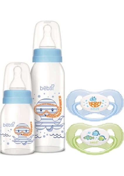Mavi Cam Biberon Seti 250ML+125ML ve Ortodontik Emzikli Kelebekli (4'lü)