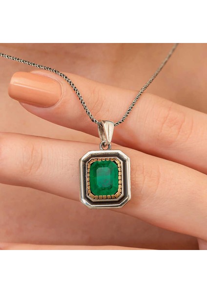 Gümüş Yeşil Taşlı Otantik Kadın Kolye (BC-C5CA42)